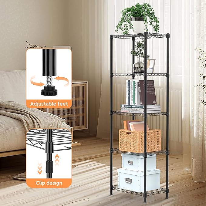 5 Tiers Shelf Metal Storage Shelves Wire Rack Closet Organizers with Wheel for Garage Kitchen Bathroom Laundry Black 11.8" D x 17.7" W x 55" H-CasaMuseHome