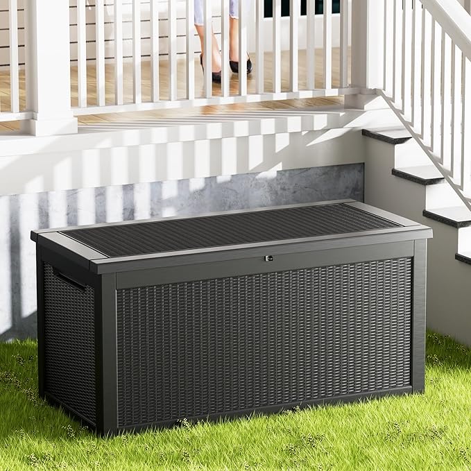 320 Gallon Resin Deck Box, Waterproof Outdoor Storage Bin for Patio Furniture, Pool Accessories, and Garden Tools, Lockable & UV-Resistant, Black-CasaMuseHome