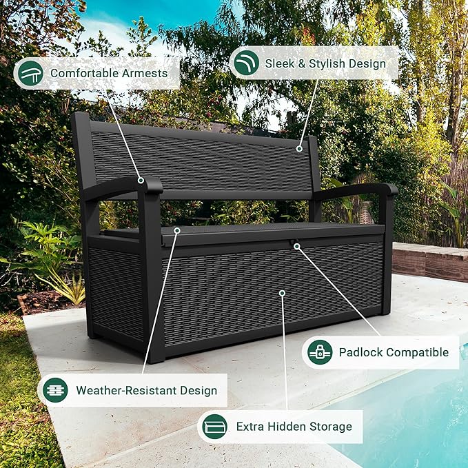 70 Gallon Outdoor Storage Box, Resin Patio Furniture with Armrest, Lockable Deck Box with Waterproof and UV Resistant for Patio Cushions, Garden Tools and Pool Supplies, Black-CasaMuseHome