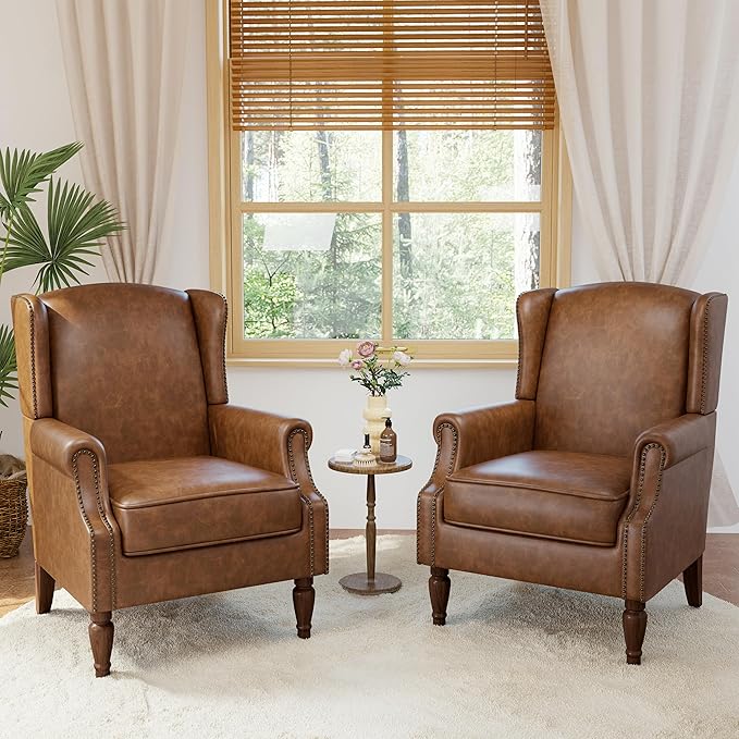Accent Chairs, Faux Leather High Back Armchair setof 2 or Living Room, Comfy Upholstered Single Sofa Reading Chairs with Solid Wood Legs for Office, Bedroom, Waiting Room-Leather Brown-CasaMuseHome