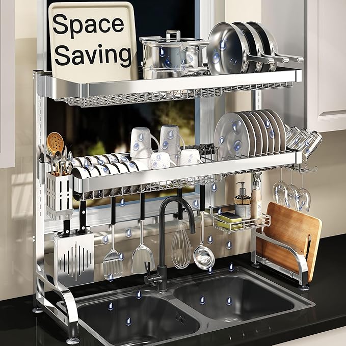 3 Tier Extra Large Stainless Steel Expandable Over The Sink Dish Drainer Drying Rack, Rust Proof Metal, Space Saving, Modern Silver Big Capacity Extendable Plate Strainers Above Kitchen Counter-CasaMuseHome