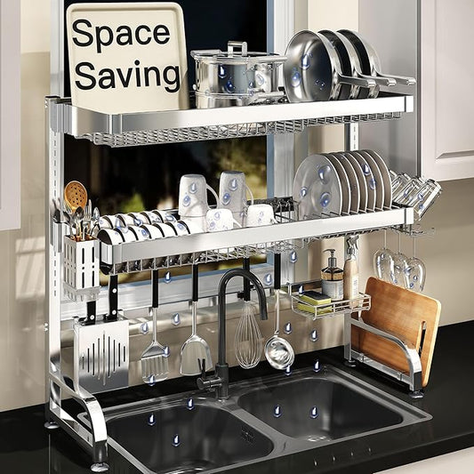 3 Tier Extra Large Stainless Steel Expandable Over The Sink Dish Drainer Drying Rack, Rust Proof Metal, Space Saving, Modern Silver Big Capacity Extendable Plate Strainers Above Kitchen Counter-CasaMuseHome