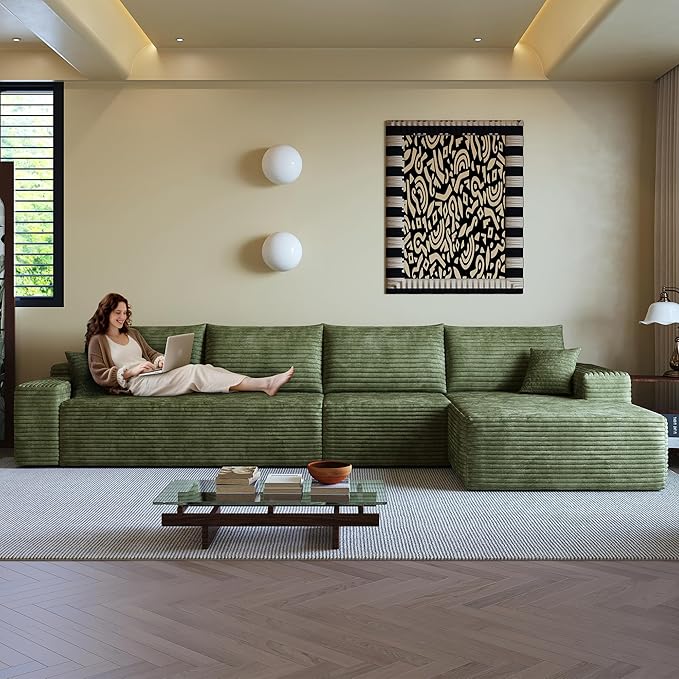136" Sectional Couches for Living Room Modern Modular Sofa with L-Shape Couchs Upholstered Boneless Couch Deep Seat Sectional Couch with Chaise (Green, Right Facing Chaise+3Seaters)-CasaMuseHome