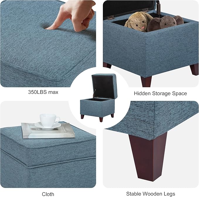 Adeco 17" Square Ottoman with Storage, Small Blue Storage Ottoman Foot Rest with Hinged Lid & Solid Wood Legs, Linen Fabric Foot Stool for Living Room & Bedroom-CasaMuseHome