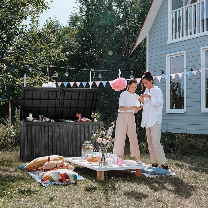 180 Gallon Deck Box Large Outdoor Storage for Patio Furniture,Outdoor Cushions,Garden Tools and Pool Supplies,Waterproof,Resin,Lockable(Black)-CasaMuseHome