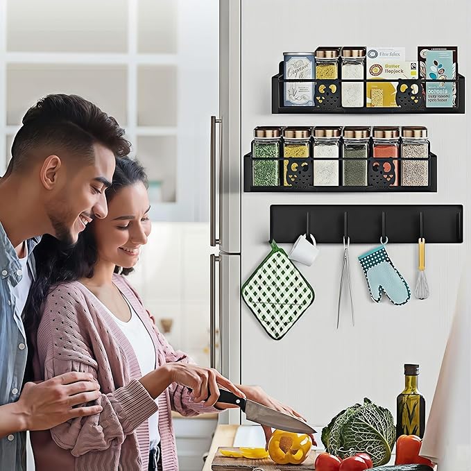 3 Pack Moveable No Drilling Heavy Magnet Spice Rack for Refrigerator Organizers and Storage,Space Saving Kitchen Organization with Magnetic Hooks,Owl Kitchen & Home Decor(Black)-CasaMuseHome