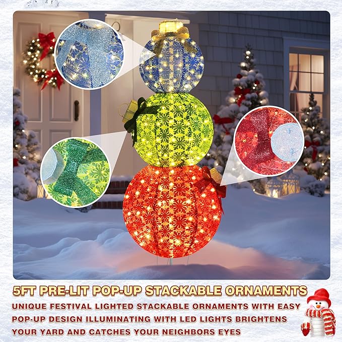 5FT Lighted Pop Up Stackable Ornaments for Christmas Decoration, 3D Pre-Lit Decor with 210 LED Lights with Easy Pop-Up Design, Freestanding Glittered Holiday Display for Outdoor, Indoor-CasaMuseHome