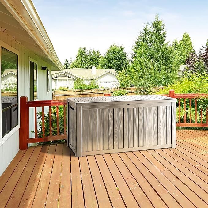 270 Gallon Lockable Resin Deck Box, Waterproof & UV-Resistant Outdoor Storage Box for Outdoor Cushion Storage, Garden Tools & Pool Accessories Storage, Gray-CasaMuseHome