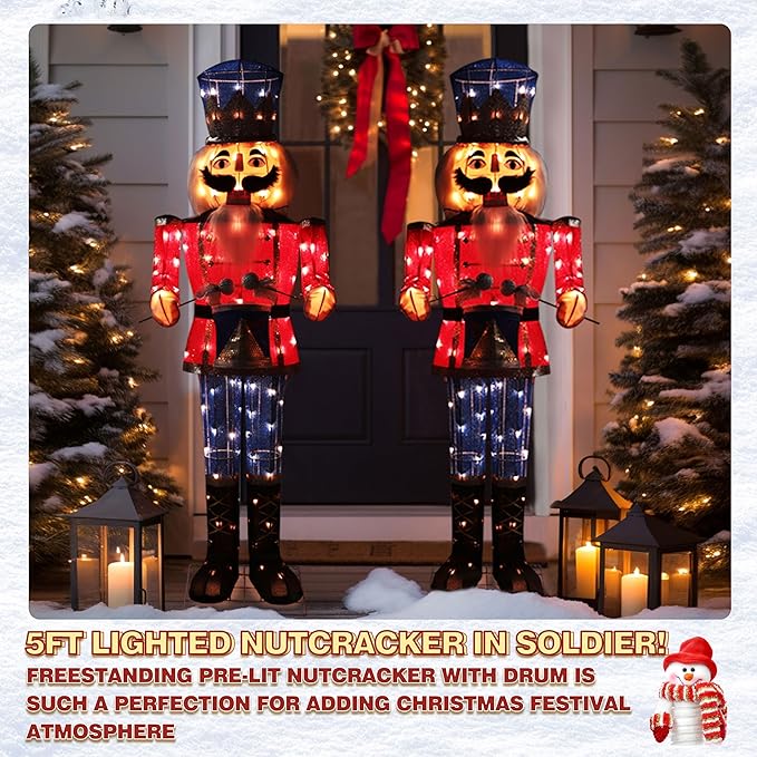 5FT Lighted Nutcracker with Drum for Christmas Decoration, Pre-Lit 3D Iridescent Soldier Xmas Decor with 100 Warm White Lights, Glittered Standing Holiday Display for Outdoor, Indoor-CasaMuseHome