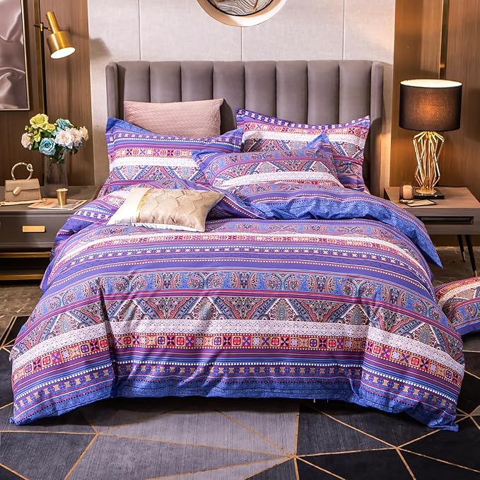 ABREEZE Bohemian Vintage Full Size Floral Cotton Bedding Set 3Pcs Duvet Cover Set Boho Purple Paisley 100% Egyptian Brushed Cotton Reversible Home Bedding Collection-CasaMuseHome