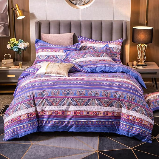 ABREEZE Bohemian Vintage Full Size Floral Cotton Bedding Set 3Pcs Duvet Cover Set Boho Purple Paisley 100% Egyptian Brushed Cotton Reversible Home Bedding Collection-CasaMuseHome