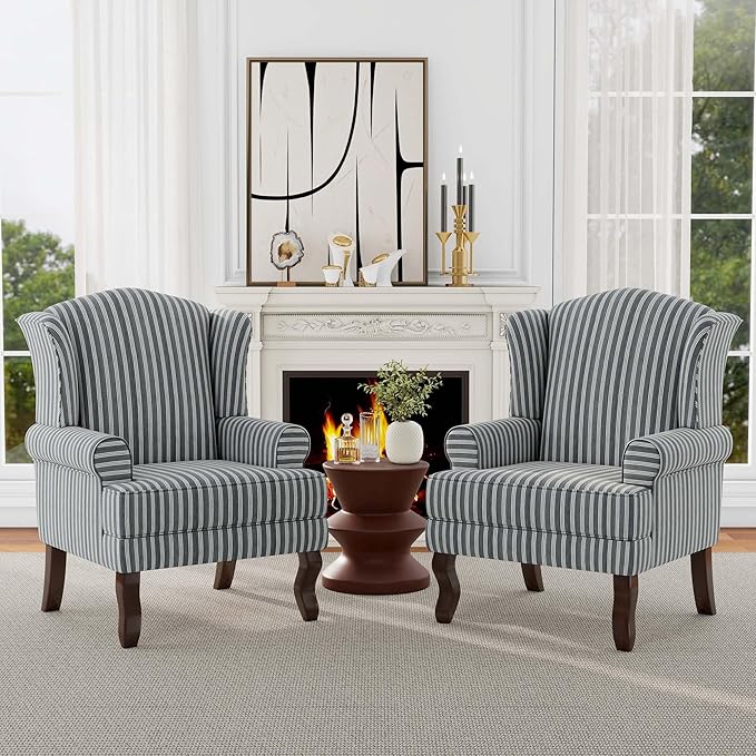 Accent Chair, High Back Upholstered Armchair with High Resilience Sponge & Wood Legs, Mid-Century Modern Comfy Single Sofa Reading Chairs for Living Room, Bedroom (Stripe Grey, Set of 1)-CasaMuseHome