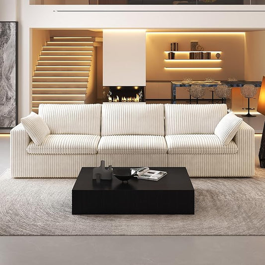 118" 3-Seater Cloud Sofa,Modular Sectional Couch,Modern Deep Seat Upholstered Couches with Plush Corduroy Fabric for Living Room Furniture,Bedroom and Apartment,No Assembly Required,White-CasaMuseHome