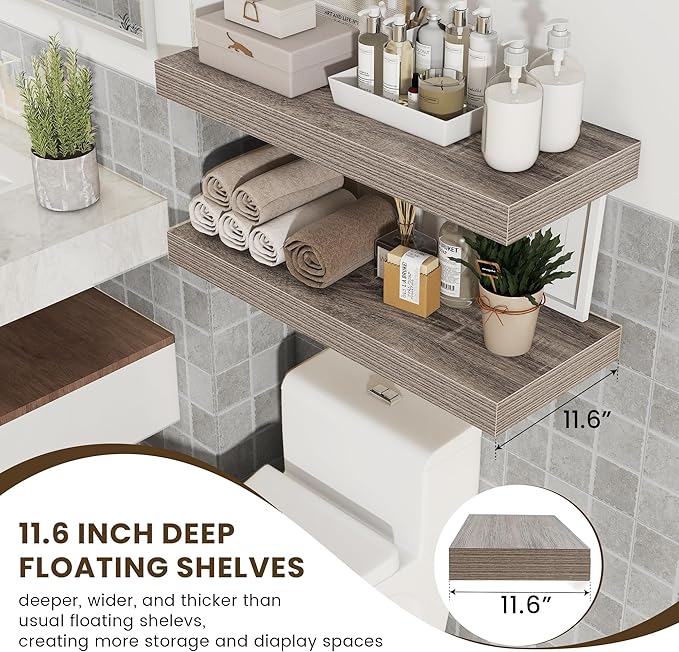 12 Inch Deep Floating Shelves for Wall | 30 Inch Floating Shelves Set of 2 | Rustic Grey Wood Shelves for Living Room Bathroom Laundry Room Bedroom Kitchen Home Office - Rustic Grey-CasaMuseHome