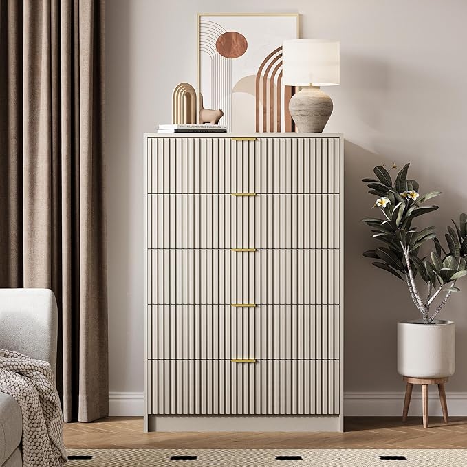 5 Drawer Dresser for Bedroom, Tall Dresser Chest of Drawers with Gold Handles, 32 Inch Wide Nightstand with for Bedroom, Living Rooms, Offices, and Entryways, Beige-CasaMuseHome