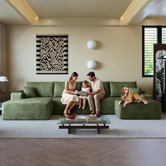 108" Sectional Couches for Living Room Modern Modular Sofa with L-Shape Couchs Upholstered Boneless Couch Deep Seat Sectional Couch with Chaise (Green, Left Facing Chaise+3Seaters+Ottoman)-CasaMuseHome