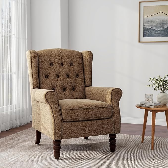 Accent Chair, Upholstered Armchair with Button Tufted High Back & Solid Wood Legs, Comfy Wingback Reading Single Sofa Chair for Small Spaces, Living Room, Bedroom (Brown, Set of 1)-CasaMuseHome