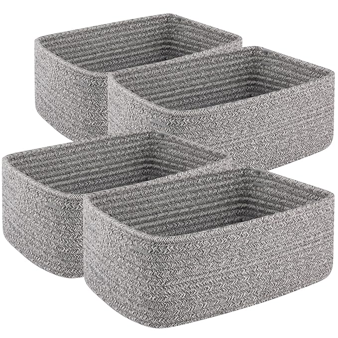 4 Pack Small Storage Shelf Baskets for Organizing, Mini Woven Rope Storage Bins for Towels, Cute Decorative Closet Organizer，Baby Nursery, Gift Empty Baskets -11.81''Lx7.87''Wx4.72''H-Grey-CasaMuseHome