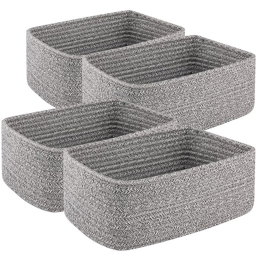 4 Pack Small Storage Shelf Baskets for Organizing, Mini Woven Rope Storage Bins for Towels, Cute Decorative Closet Organizer，Baby Nursery, Gift Empty Baskets -11.81''Lx7.87''Wx4.72''H-Grey-CasaMuseHome