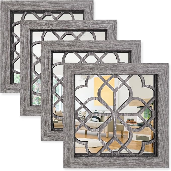 4pcs Farmhouse Wall Mirror with Carved Floral Design -Rustic Mirror Decor for Home, 12x12 inch(Brown)-CasaMuseHome