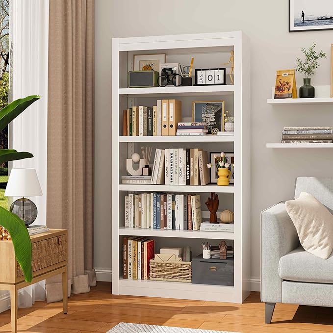 61" H Metal Bookshelf, 5 Tier Adjustable Bookshelf, White Small Bookcase, Bedroom Bookshelves and Bookcases, Modern Book Shelf for Living Room, Office, Easy Tool-Free Assembly-CasaMuseHome