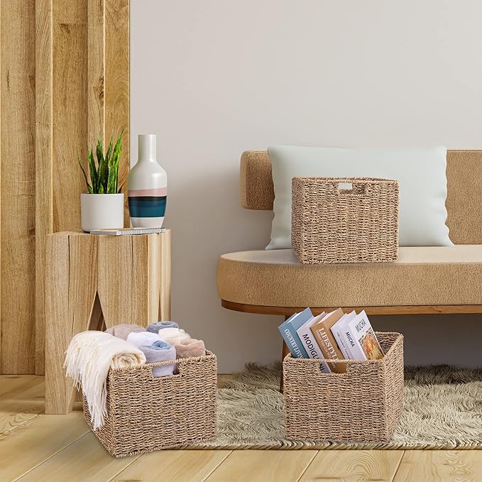 12x12x10in Seagrass Storage Baskets Set of 2, Large Wicker Storage Basket, Decorative Seagrass Shelf Basket, Pantry Baskets Organization,Folding Storage Cube Bins-CasaMuseHome