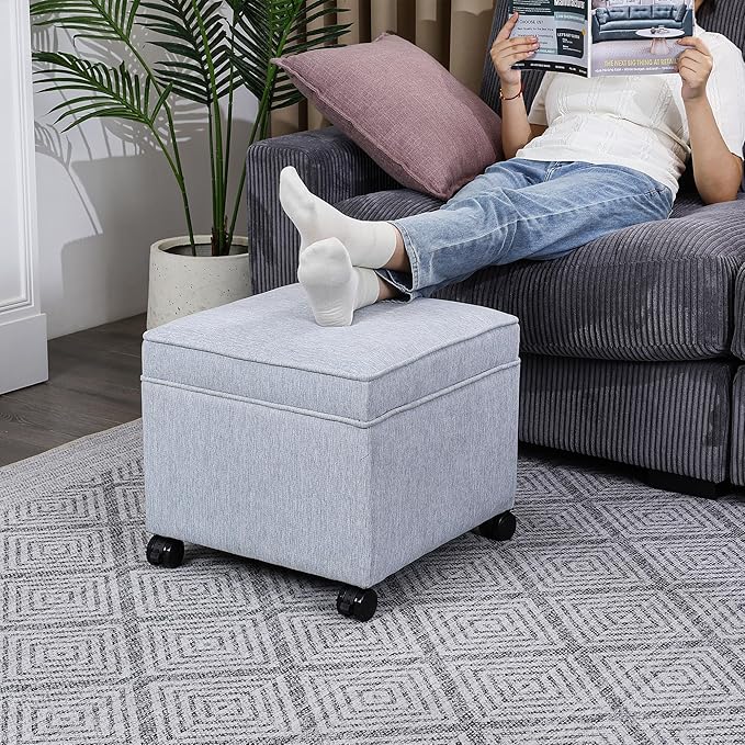 Adeco 17.5" Square Fabric Ottoman with Storage, Upholstered Cotton Linen Foot Rest, Flip Top Footstool, Small Cube Coffee Table Extra Seat for Living Room, Bedroom, Ice Blue with Rolling Legs-CasaMuseHome