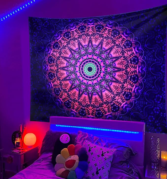 ADDWel Blacklight Mandala Boho Tapestry Glow In The Dark, Black Light Bohemian Hippie Poster Wall Hanging for Bedroom Aesthetic Wall and Room Decor (60" x 80", Mandala)-CasaMuseHome