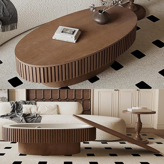 47.2''Oval Coffee Table with Storage, Mid Century Modern Fluted Drum Center Tables with Lid, Solid Wood Side Pedestal Coffee Table Tea Table for Living Room, Bedroom, Apartment-Walnut-CasaMuseHome