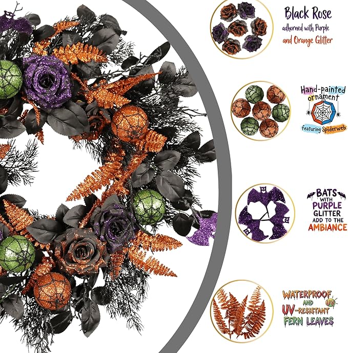 22 Inch Halloween Wreath for Front Door, Spooky Black & Purple Glitter Rose Wreath with Bats & Ornaments, Outdoor Halloween Decorations-CasaMuseHome
