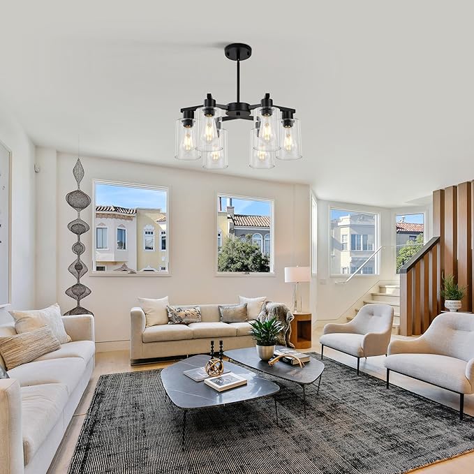 6-Light Modern Farmhouse Black Chandelier, Dining Room Light Fixture Over Table Adjustable Height Hanging Industrial Pendant Lights Kitchen Island, Clear Glass Shade-CasaMuseHome