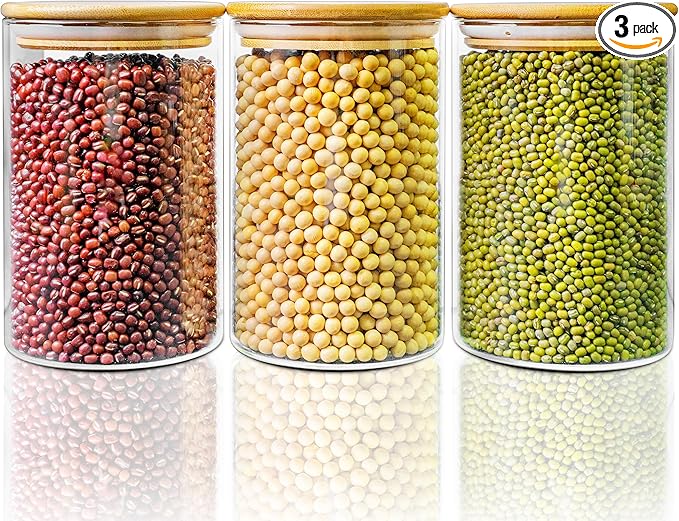 45oz - 3 Pack Glass Jars with Bamboo Lids, Glass Pantry Storage Containers with Airtight Lids, Round Air Tigh Food Storage Canisters for Cereal, Pasta, Flour, Sugar, Rice, Best for Kitchen Organizer-CasaMuseHome