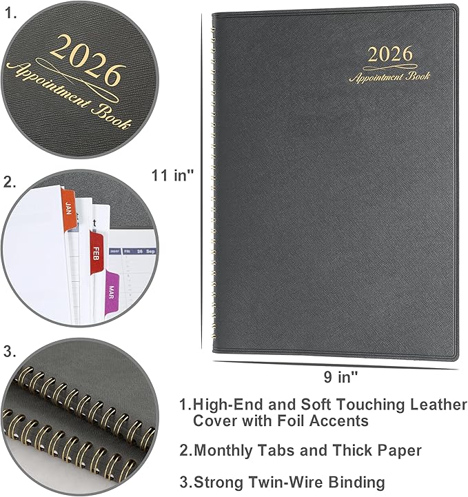 2026 Weekly Appointment Book - Appointment Book 2026, Jan 2026 - Dec 2026, Daily/Hourly Planner with Tabs, 15 Minutes, 8.26"x 11.4", Wirebound - Grey-CasaMuseHome