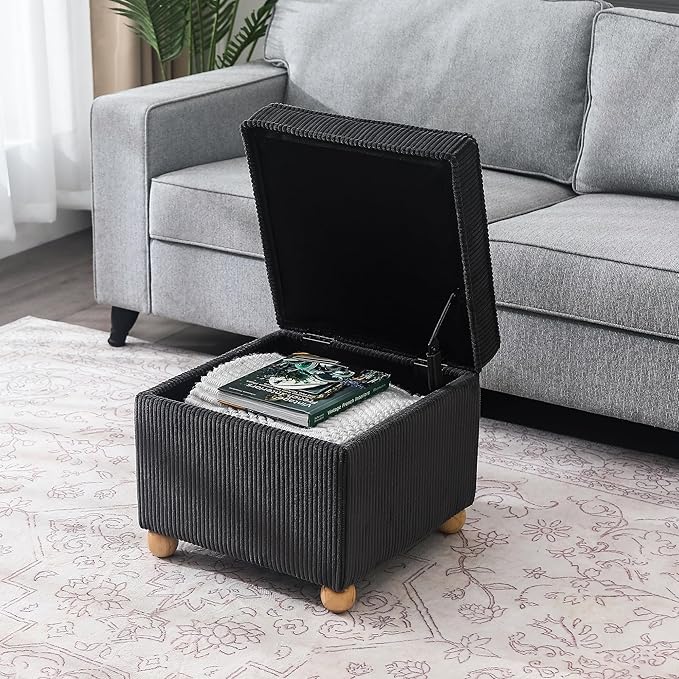 Adeco 17 Inch High Striped Flannel Black Cube Ottoman Storage, 3D Embossed Velvet Chair Foot Stools, Upholstered Vanity Stool with Hinged Lid, Solid Round Wood Legs-CasaMuseHome