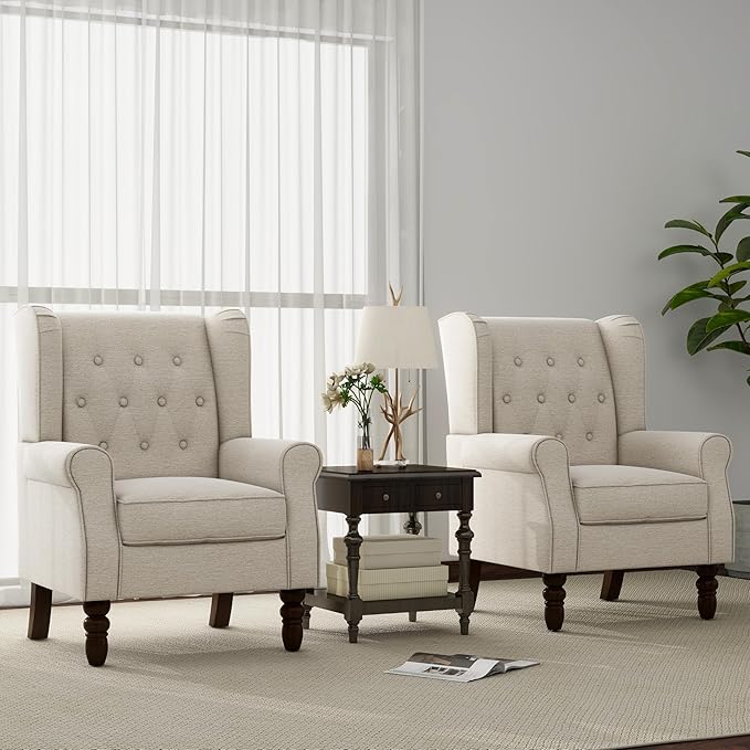 Accent Chair, Upholstered Armchair with Button Tufted High Back & Solid Wood Legs, Comfy Wingback Reading Single Sofa Chair for Small Spaces, Living Room, Bedroom-CasaMuseHome