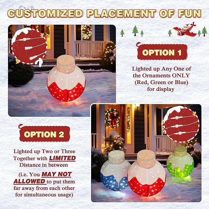 36 Inch Pop-Up Christmas Ball with 90 LED Lights for Outdoor Xmas Decor, 3-Piece Pre-Lit Iridescent Christmas Ball Ornaments Decor with Base, Outdoor 3D Glittered Standing Holiday Display-CasaMuseHome