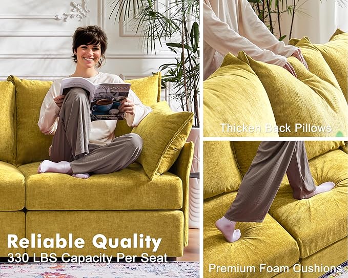 136.4" Oversized Modular Sectional Sleeper Sofa Bed, U Shaped Convertible Couch with Movable Ottoman, Large 8 Seat Corner Couches for Living Room Deep Seat Yellow Chenille-CasaMuseHome