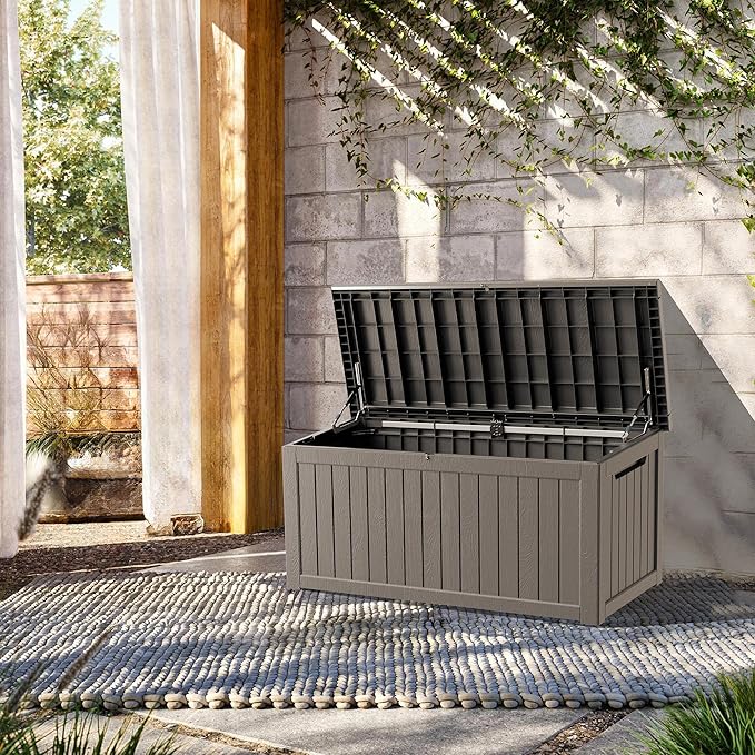 270 Gallon Lockable Resin Deck Box, Waterproof & UV-Resistant Outdoor Storage Box for Outdoor Cushion Storage, Garden Tools & Pool Accessories Storage, Gray-CasaMuseHome