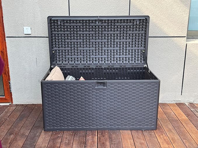 73 Gallon Large Storage Box with Lid,Waterproof Outdoor Storage Container for Patio Furniture Cushions, Gardening Tools, Pool Accessories, Lockable Resin Deck Box with handle Brown-CasaMuseHome
