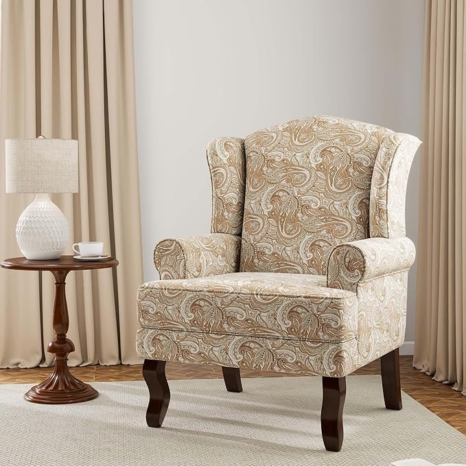 Accent Chair, High Back Upholstered Armchair with High Resilience Sponge & Wood Legs, Mid-Century Modern Comfy Single Sofa Reading Chairs for Living Room, Bedroom (Floral Sand, Set of 1)-CasaMuseHome