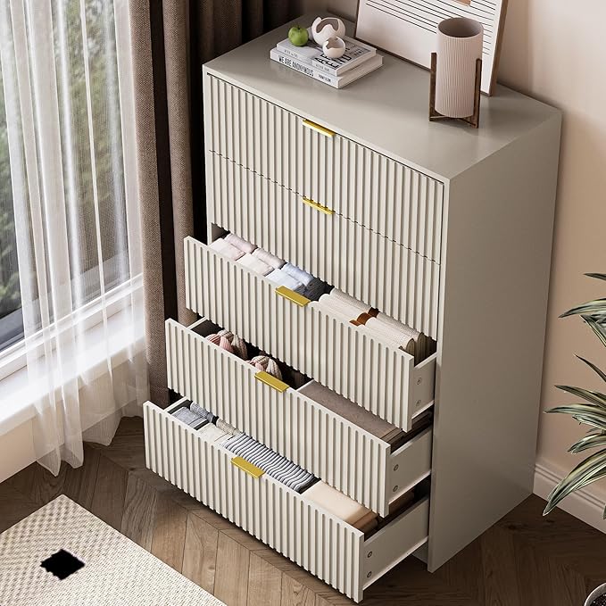 5 Drawer Dresser for Bedroom, Tall Dresser Chest of Drawers with Gold Handles, 32 Inch Wide Nightstand with for Bedroom, Living Rooms, Offices, and Entryways, Beige-CasaMuseHome