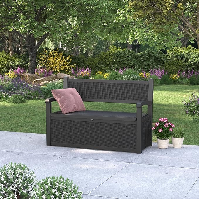70 Gallon Outdoor Storage Box, Resin Patio Furniture with Armrest, Lockable Deck Box with Waterproof and UV Resistant for Patio Cushions, Garden Tools and Pool Supplies, Black-CasaMuseHome