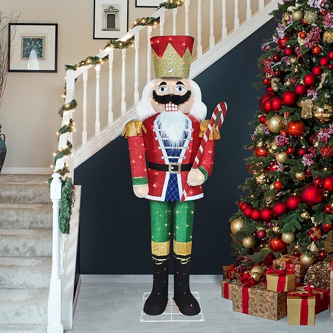 5FT Lighted Nutcracker with Candy Cane for Christmas Decoration, 3D Pre-Lit Iridescent Soldier Xmas Decor with 100 Warm White Lights, Glittered Standing Holiday Display for Outdoor, Indoor-CasaMuseHome