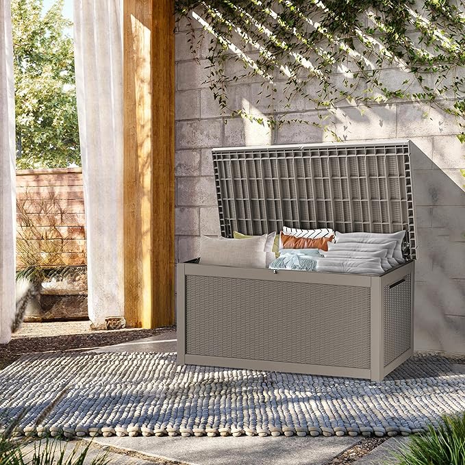 320 Gallon Lockable Resin Deck Box, Waterproof & UV-Resistant Outdoor Storage Box for Outdoor Cushion Storage, Garden Tools & Pool Accessories Storage, Gray-CasaMuseHome