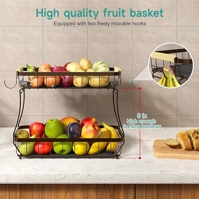 2 Tier Fruit Basket for Kitchen Counter with 2 Banana Hangers, 2025 Pro Detachable Metal Fruit Bowl with Wooden Handle,Fruit Holder for Bread Snack Veggies, Brown-CasaMuseHome