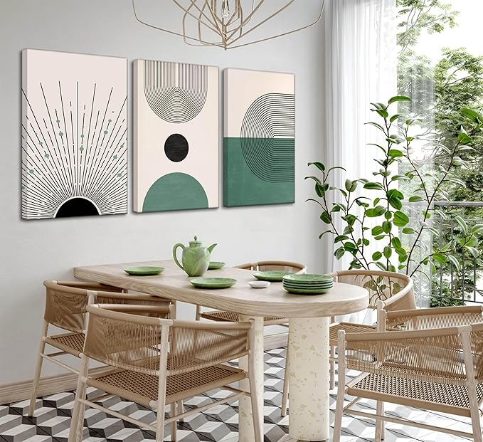 3 Pcs Sage Green Boho Canvas Wall Art Modern Abstract Minimalist Neutral Bohemian Sun Geometric Line Painting Picture Wall Decor Poster Print Artwork for Living Room Bedroom Home Decoration-CasaMuseHome