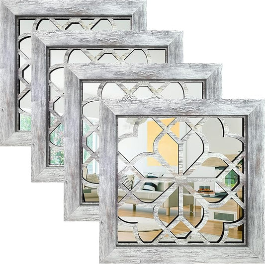 4pcs Farmhouse Wall Mirror with Carved Floral Design -Rustic Mirror Decor for Home, 12x12 inch(Grey)-CasaMuseHome