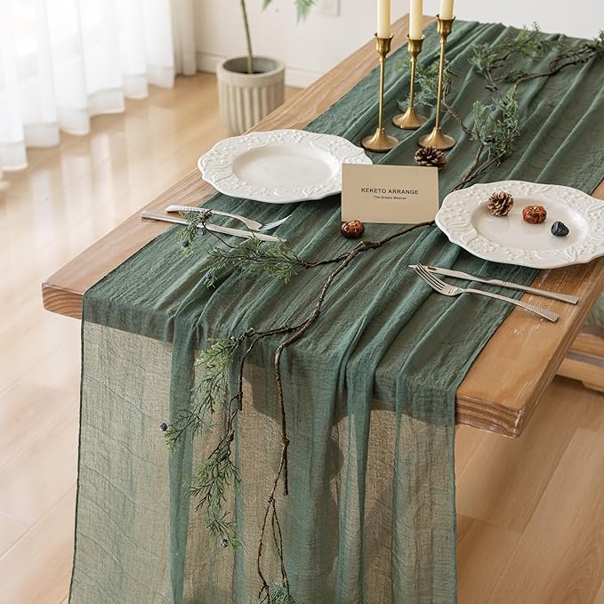 3Pcs Forest Green Gauze Rustic Cheesecloth Table Runner 120 Inch 10 FT for Wedding Baby Shower Bridal Shower Birthday Engagement Garden Outdoor Party Long Sheer Boho Decorations-CasaMuseHome