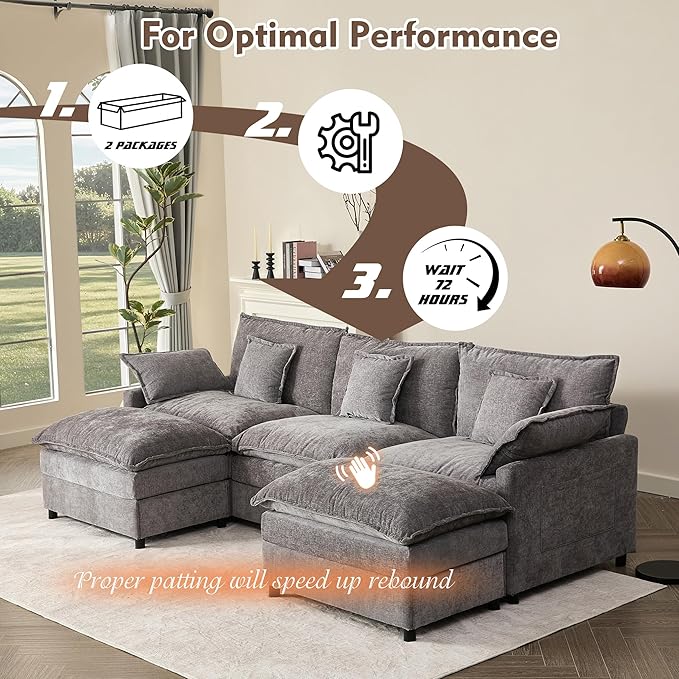 108" U Shaped Couch, Modular Sectional Sofa, 3-Seater Comfy Cloud Couch with Movable Ottoman, Deep Seat Couches for Living Room, Chenille, Slate-CasaMuseHome