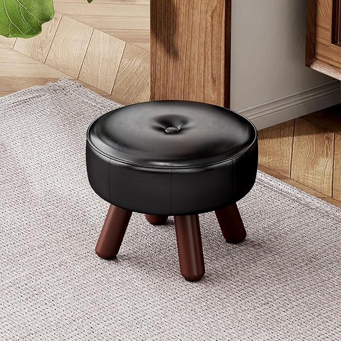 13in Small Foot Stool Ottoman, Round Faux Leather Foot Rest, Footstool Ottomans with Rubber Legs Under Desk, Footrest for Couch, Living Room, Bedroom, Office, 13''L x 13''W x 10.2''H, Black-CasaMuseHome